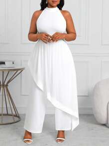SHEIN Lady Plus Size Women's Summer Business Professional White Asymmetrical Jumpsuit - White - View 1
