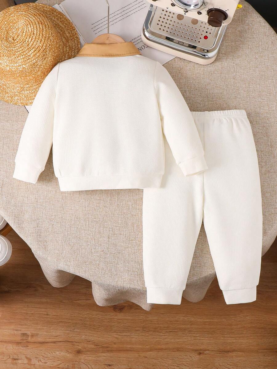 SHEIN Baby Boy Knitted 2 In 1 Collar Patchwork Outfit With Pants