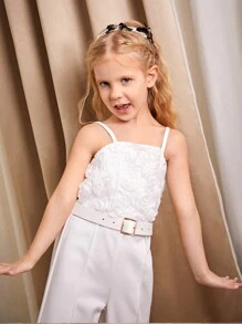 SHEIN 女童日常/通勤連身褲，白色，上半身為玫瑰網眼拼接，下半身為白色編織布料，配有白色腰帶 - 白色 - 查看 5