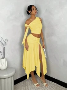 SHEIN BAE 女士纯色毕业季白色连衣裙，不对称不对称领口上衣，系带和不对称下摆高侧开衩褶皱裙 - 黃色 - 查看 4