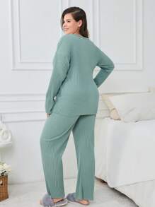 2Pcs Cottonline Slogan Printed Long Sleeve Shirt And Long Bottoms Homewear PJ Set - Green - View 2
