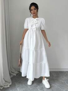 Breezaya Váy Maxi Tay Phồng Cổ Buộc Màu Trơn Cho Nữ - trắng - Xem 4
