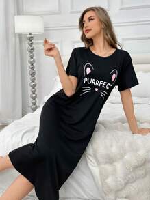 短袖宽松女士猫咪字母印花圆领睡裙，日常休闲，Moo Moo - 黑色 - 查看 4