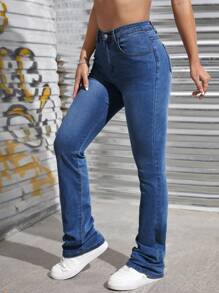 SHEIN ICON 女士蝴蝶刺绣日常喇叭牛仔裤 - 深色水洗藍 - 查看 4