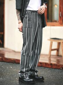 Manfinity Homme American Style Vintage Men's Black Pinstripe Denim Workwear Straight Jeans