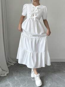 Breezaya Váy Maxi Tay Phồng Cổ Buộc Màu Trơn Cho Nữ - trắng - Xem 3