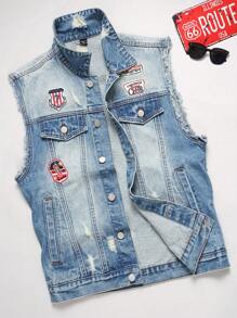 Manfinity EZcore Áo vest nam không tay sờn thiết kế có họa tiết phong cách đường phố giản dị Áo vest denim - Rửa trung bình - Xem 1
