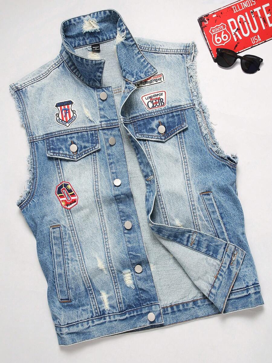 Manfinity EZcore Áo vest nam không tay sờn thiết kế có họa tiết phong cách đường phố giản dị Áo vest denim - Rửa trung bình - Xem 1