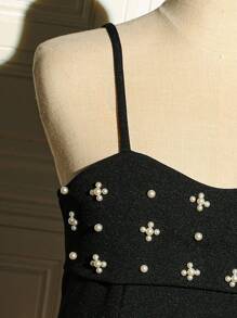 SHEIN Vestido de Halterneck Estilo Feriado com Contas para Adolescentes - Preto - Visão 5