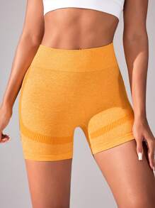 Seamluxe SHEIN Sport Basic Yoga Seamless High Waist Compression Shorts With Butt Lift, Stretch Fit - Yellow - View 3