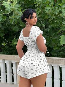 Sunnyshic 大码花卉印花数码绘图褶皱腰连体裤 - 黑與白 - 查看 2