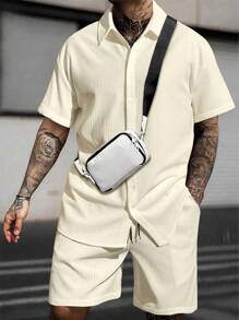 Manfinity Homme Men's Solid Color Simple Daily Short Sleeve And Shorts Set, Men Street Wear Sets, Casual Two Pieces Set Men, Men Two Pieces Set Summer, Men White 2 Pieces Outfit, Cozy Outfits