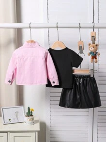 嬰兒女童粉色多口袋牛仔外套配黑色時尚英文字印花T卹和黑色A字裙，秋冬裝套裝(3件) - 粉色 - 查看 2