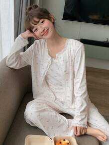 DAZY 3件套碎花蕾丝边白色睡衣套装，秋冬服装 - 白色 - 查看 4