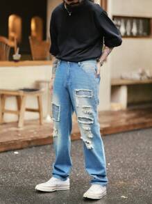 Manfinity Roghcode Men's Vintage American Style Casual Mid-Blue Washed Denim Patchwork Distressed Loose Straight-Leg Jeans - Medium Wash - View 4