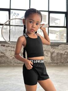 SHEIN 2pcs Young Girl Solid Color Knit Letter Tape Vest Top & Shorts Sports Set - Black - View 2