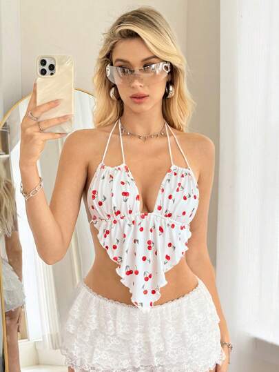 SHEIN ICON 女士性感露背樱桃印花短款吊带背心