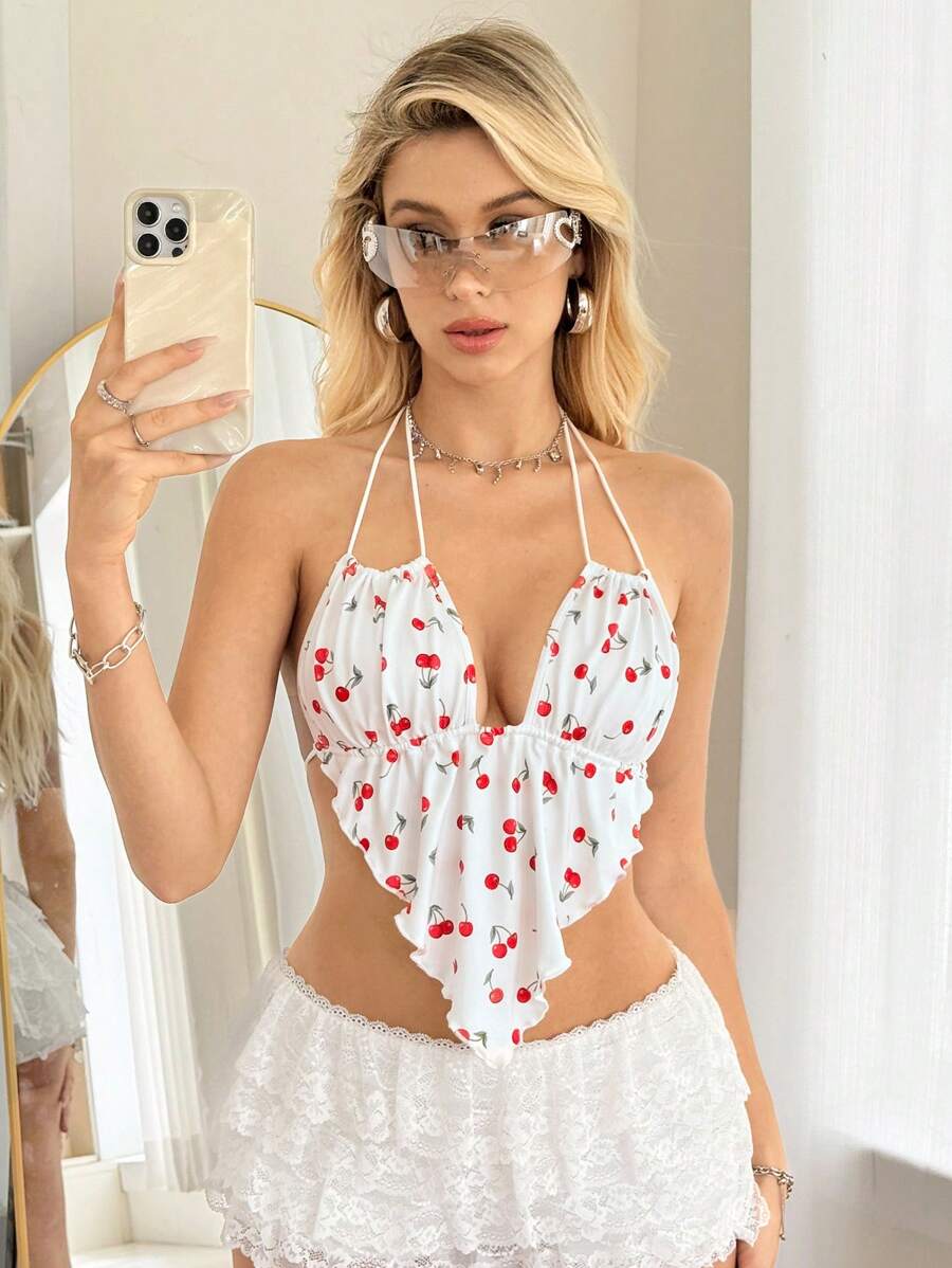 SHEIN ICON 女士性感露背樱桃印花短款吊带背心 - 白色 - 查看 1