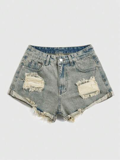 ROMWE Grunge Punk Ripped Raw Hem Denim Shorts, School