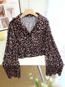 SHEIN EZwear Plus Size Women's Leopard Print Simple Daily Long Sleeve Shirt