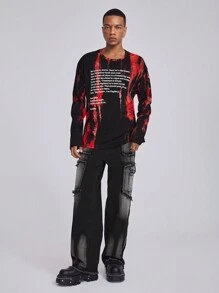 ROMWE MEN ROMWE Avant Men's Printed Simple Daily Round Neck Long Sleeve T-Shirt - Red - View 2