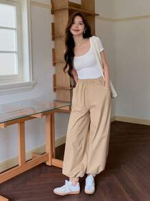 EastFlair Pantalones holgados con bolsillo ranurado sólido tejido para mujer con puños ajustados - Blanco y Negro - Ver 5