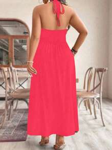 SHEIN Clasi Plus Tie Backless Halter Solid Dress For Holiday Maxi Women Outfit - Pink - View 2
