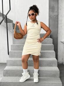 SHEIN Tween Girl Extended Size Casual Sleeveless Dress With Side Pleats, Round Neck And Silhouette, Multi-Pack