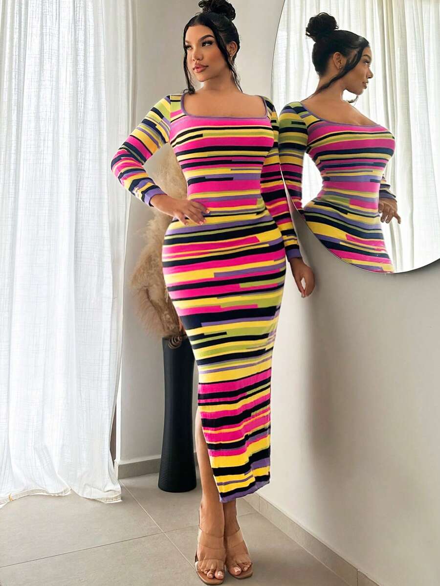 SHEIN SXY 多彩針織毛衣長高領裙，秋冬季節 - 彩色 - 查看 1