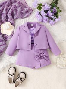 少女針織純色短版休閒開襟衫搭配3d花朵吊帶背心梭織裙3件/套 - 紫色 - 查看 5