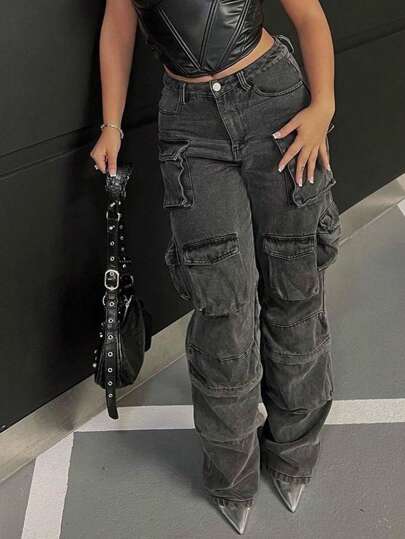 Pantalones cargo de efecto denim lavados de varios bolsillos para mujer