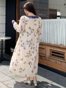 Dazy Petite Plus Plus Size Women's Round Neck Long Sleeve Lace Spliced Butterfly Allover Print Dress, Casual & Vacation,Ruffle,Fall Dress - Multicolor - View 2