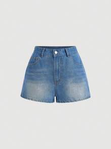 SHEIN MOD 女士簡約蝴蝶結休閒夏季牛仔短褲 - 中等水洗藍 - 查看 2