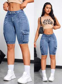 SHEIN ICON Women's Front Button Multi-Pocket Denim Shorts, For Daily Casual Wear - Medium Wash - View 1