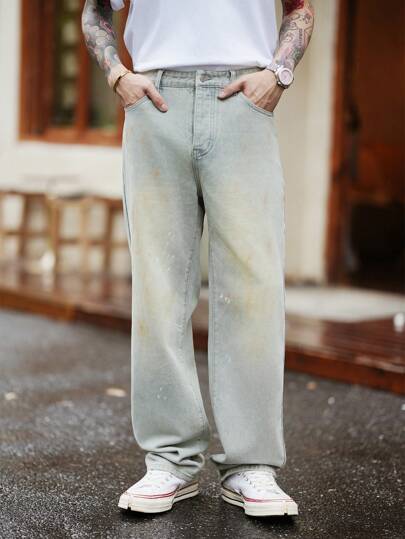 Manfinity Homme Jeans de hombre estilo retro americano, de dos tonos en color azul claro y con pierna recta