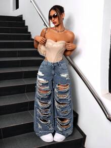 SHEIN ICON Jeans casuales de moda desgastados para mujer para uso diario - Azul lavado medio - Ver 3