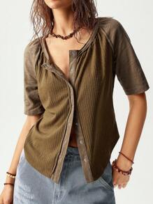 Bohemela Áo thun cardigan cổ tròn màu xanh lá cây dành cho nữ, kỳ nghỉ - xanh quân đội - Xem 5