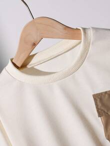 SHEIN Áo thun in chữ khối màu thông thường Tween Boy Xuân/Thu - Màu be - Xem 4