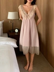 DAZY Romantic Mesh & Lace Patchwork Cami Slip Dress With Ruffled Hemline And Beautiful Back Design Pajama - Pink - View 8