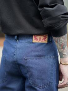 Manfinity Homme Men's Vintage American Casual Dark Blue Indigo Loose Wide Leg Denim Jeans