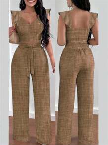 SHEIN Clasi Women's Casual Summer Top With Ruffle Hem And Loose Pants Two-Piece Set - Khaki - View 1