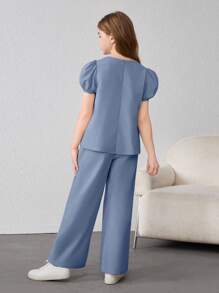 Tween Girl Loose Fit Plaid Patchwork Bubble Short Sleeve Shirt And Pants Casual Two-Piece Set