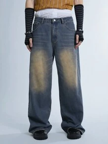 Manfinity Denimwave Y2K 复古男士宽松牛仔裤，90 年代复古风格宽腿破洞牛仔裤，适合送给丈夫、男朋友的礼物 - 深色水洗藍 - 查看 1