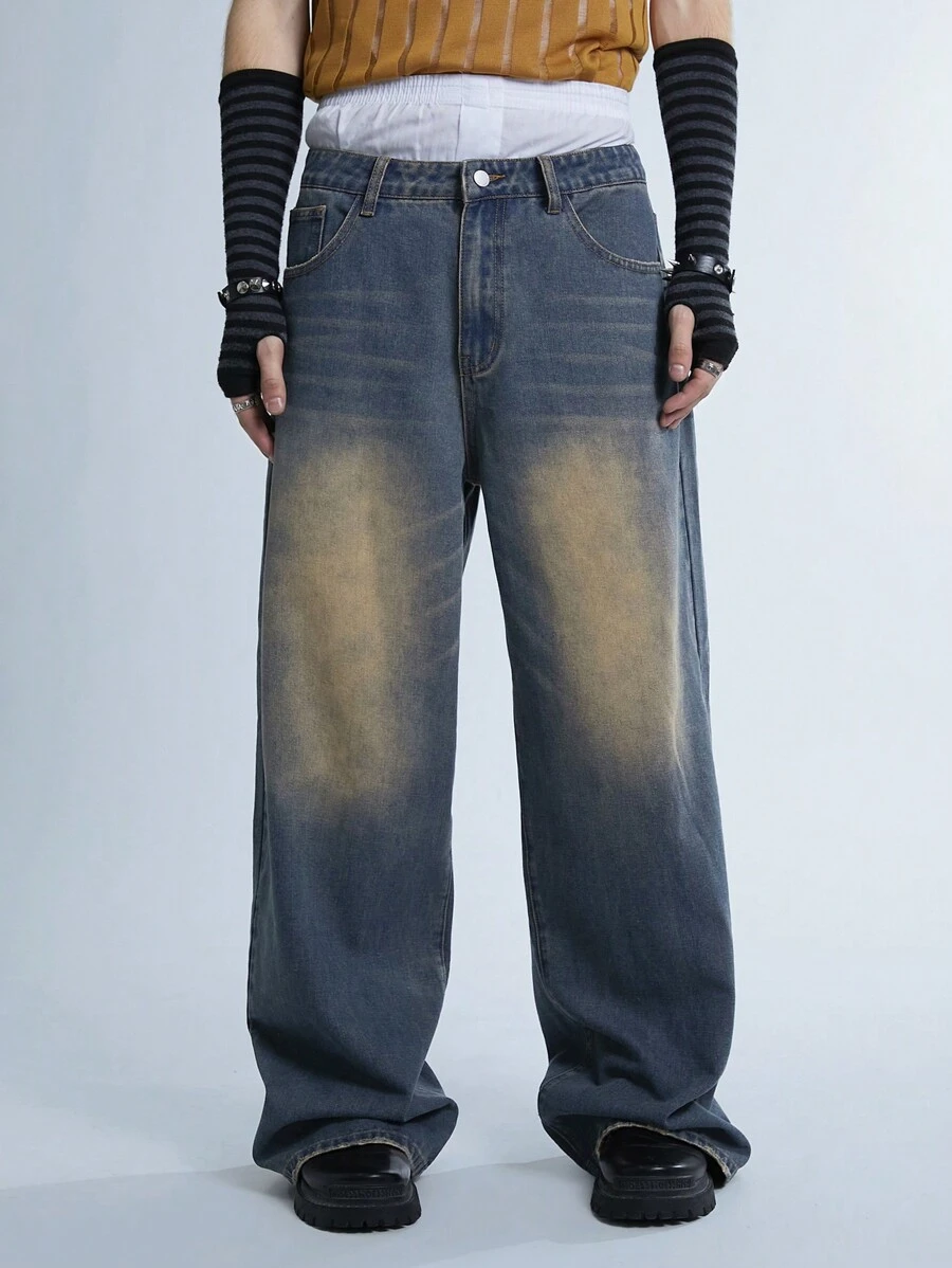 Manfinity Denimwave Y2K 复古男士宽松牛仔裤，90 年代复古风格宽腿破洞牛仔裤，适合送给丈夫、男朋友的礼物 - 深色水洗藍 - 查看 1