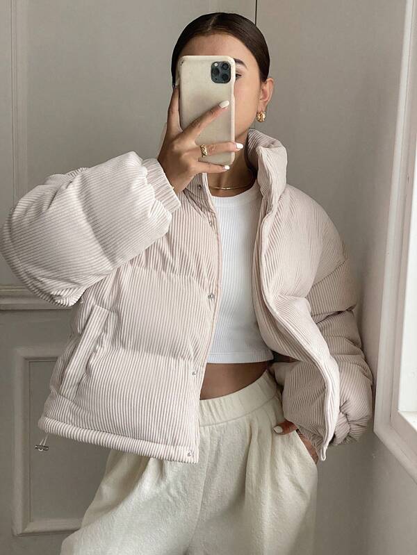 DAZY Women Stand Collar Textured Velour Solid Color Jacket Winter