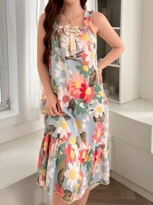 Dream Adore Vestido holgado de pijama con estampado floral, decoración de moño, volantes en los tirantes y detalle de moño para mujeres, para vacaciones