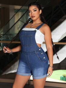 CovetEZ Plus Size Women Solid Color Simple Daily Denim Jumpsuit - Medium Wash - View 1