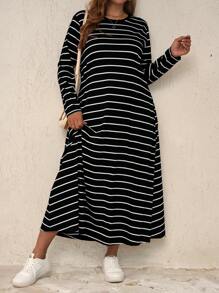 Rosumi 女式加大码长袖条纹长裙，带口袋 - 黑色 - 查看 3