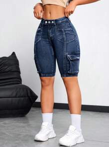 SHEIN ICON Women's Casual Summer Denim Shorts With Pocket Design - Dark Wash - View 5