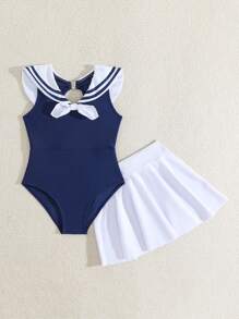 2pcs Navy Style Swimsuit Set, Young Girl One-Piece Swimsuit With Skirt, Back To School Girls' Swimwear, Cute Navy Style Swimsuit & Beach Outfit